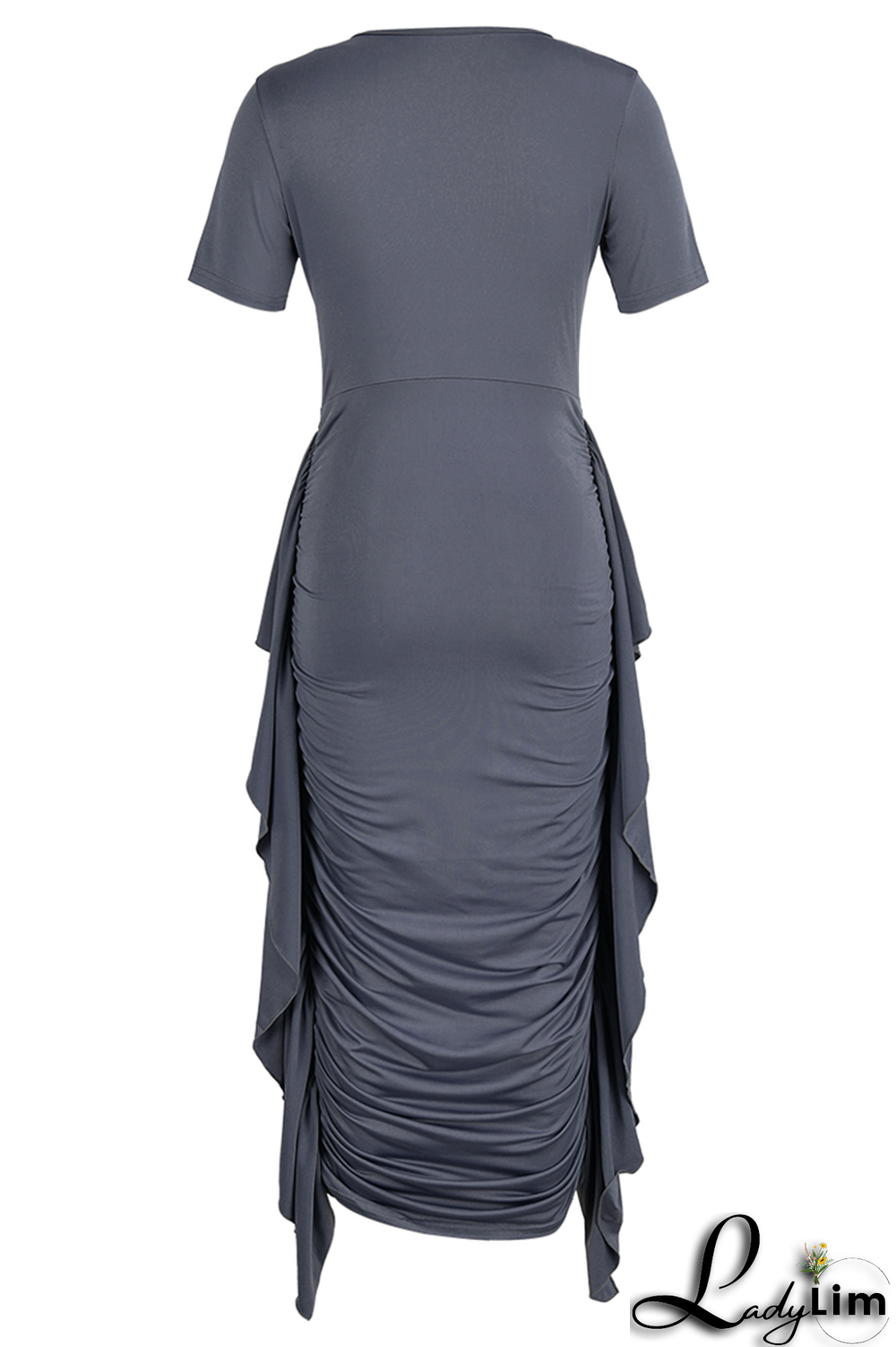 Yellow Fashion Solid Flounce Fold O Neck Pencil Skirt Dresses