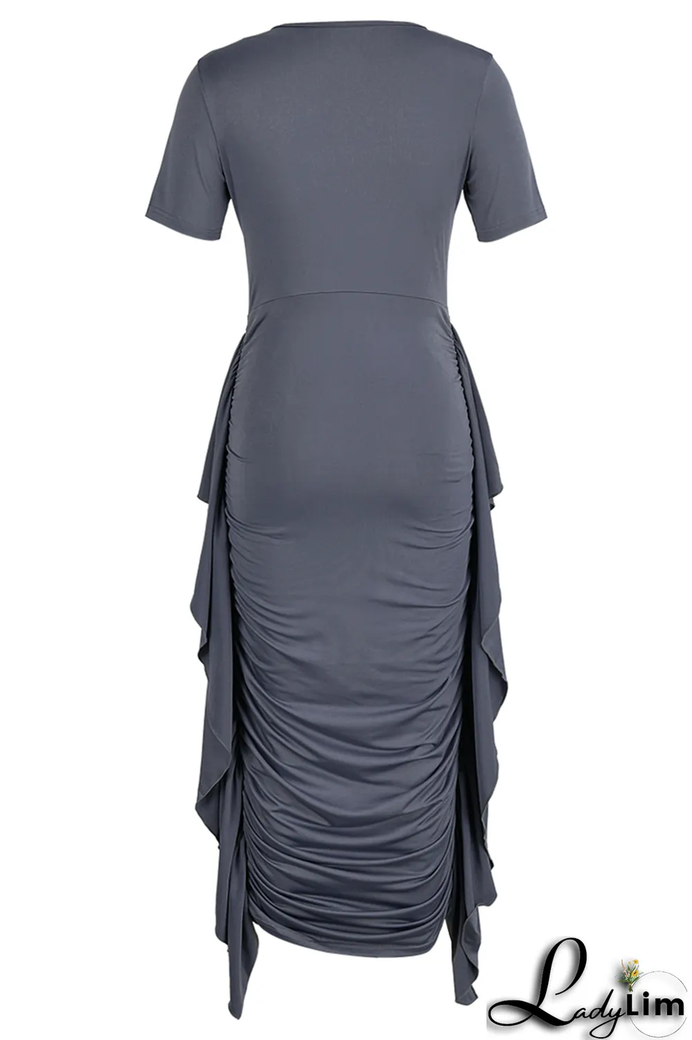 Yellow Fashion Solid Flounce Fold O Neck Pencil Skirt Dresses