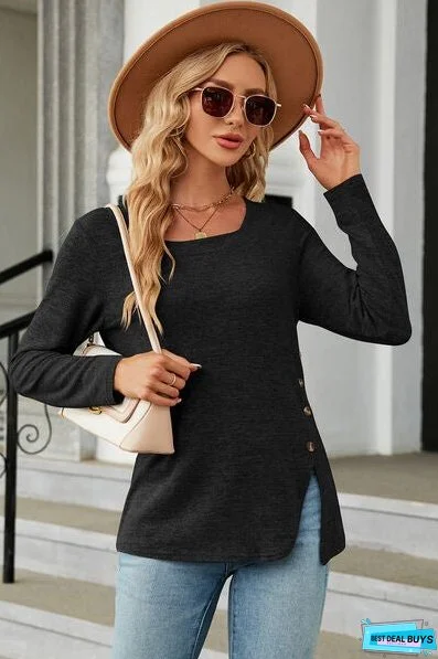 Slit Decorative Button Square Neck T-Shirt