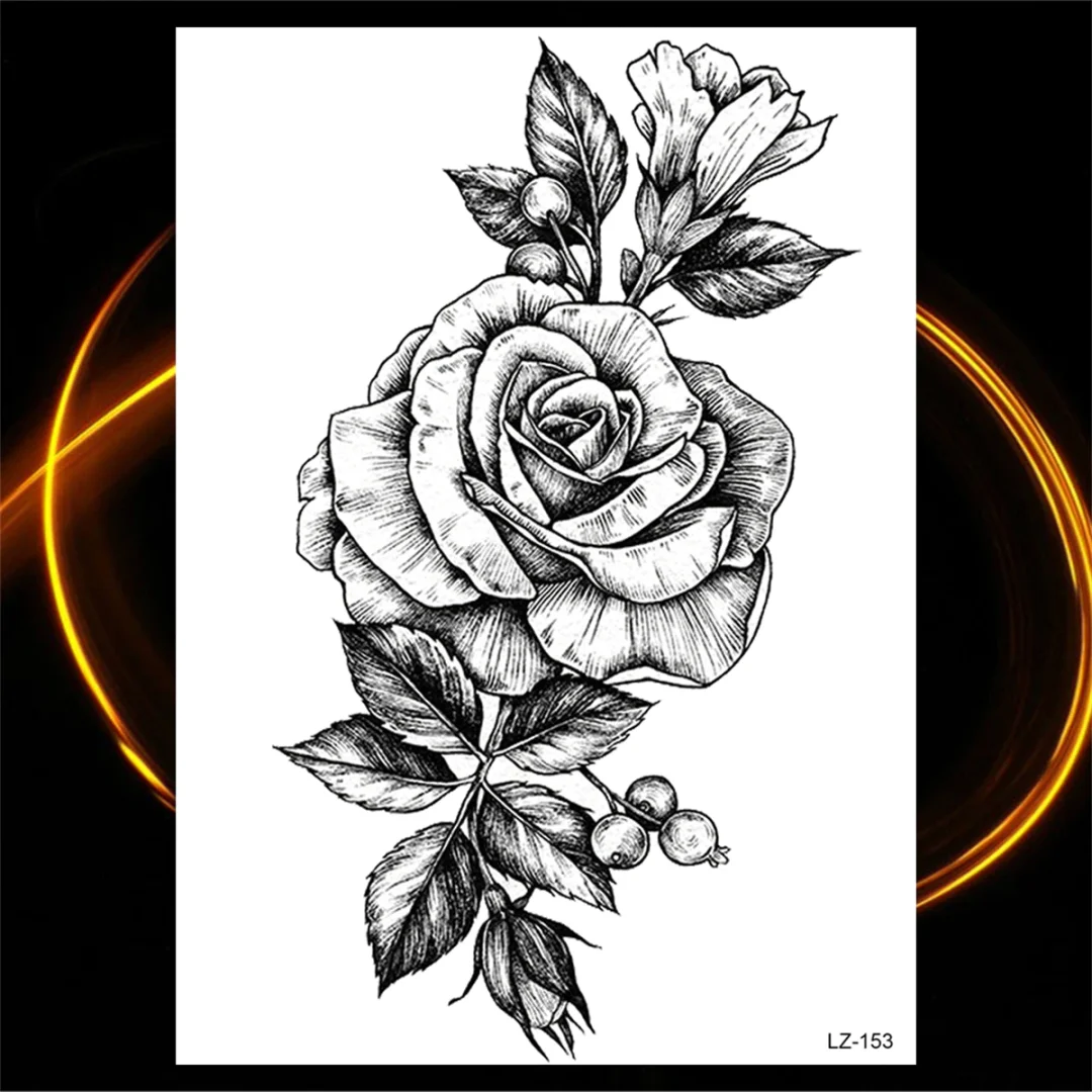 Sdrawing Rose Flower Moon Temporary Tattoos For Women Adult Pendant Peony Lotus Fake Tattoo Calf Thigh Body Art Waterproof Tatoos