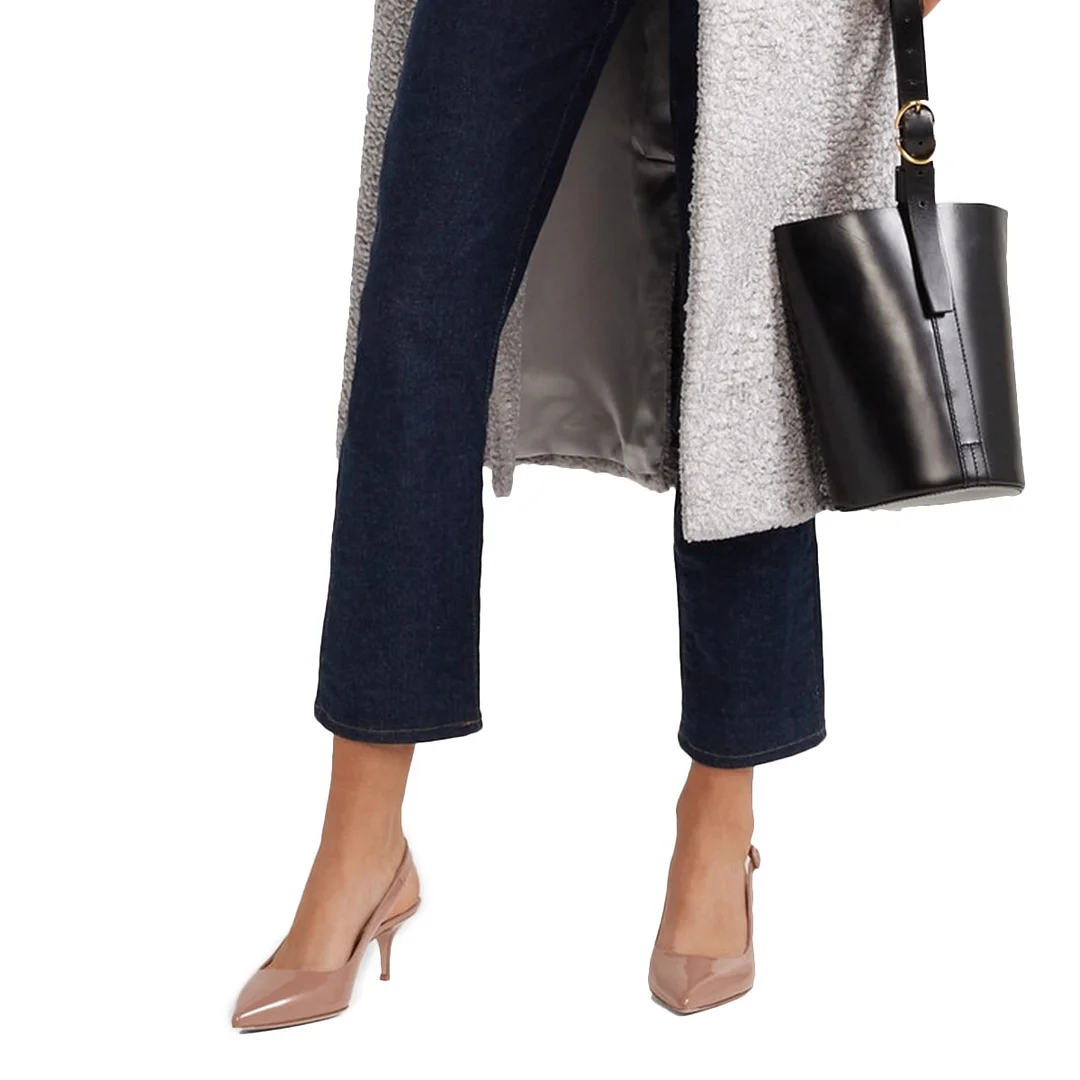 Women's Pointed Toe Buckle Slingback Nude Pumps with Kitten Heel