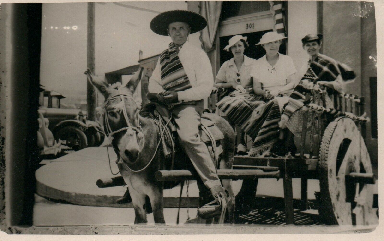 Vintage Donkey Buggy with Sombrero Rider Mexico RPPC Real Photo Poster painting Postcard