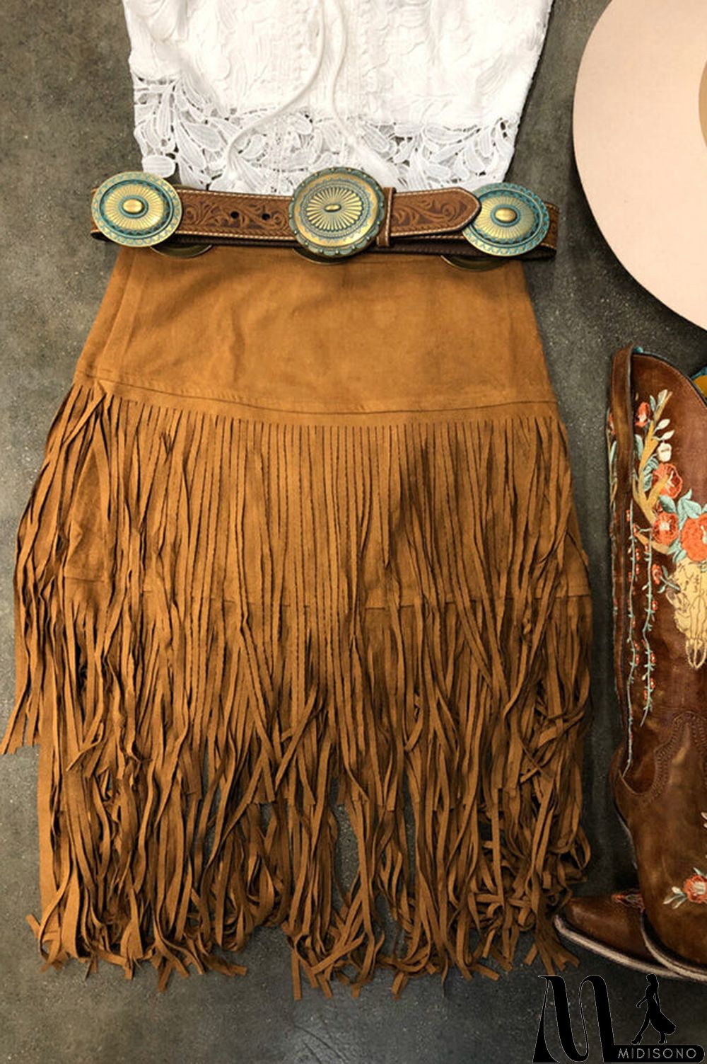 MidiSono - Solid Color Tassel Design Khaki Skirt