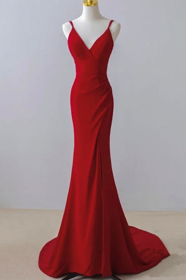 Ovlias Classy Red Spaghetti Strap Slimming Fitted Mermaid Prom Dress LY0510