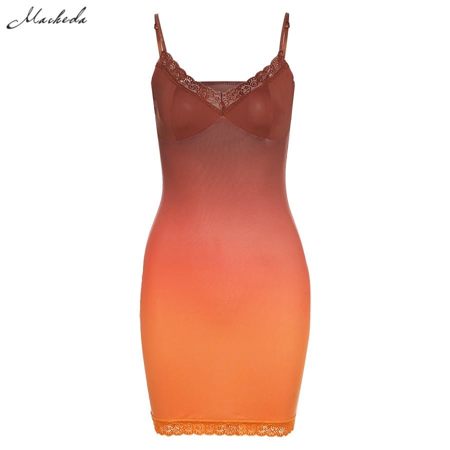 Macheda Orange Sexy Sling Bodycon Dress Women Fashion Sleeveless V Neck Lace Clothing Lady Casual Slim Mini Dresses Top New