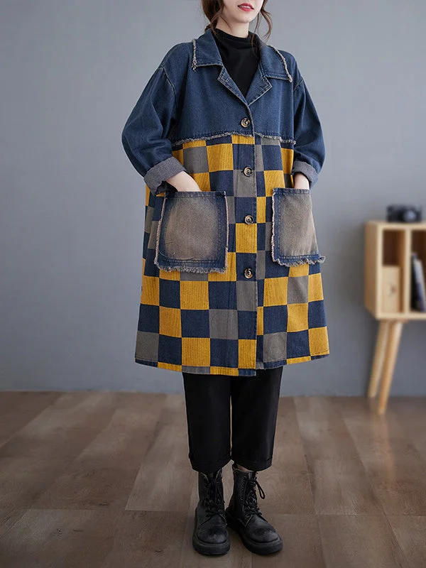 Women's Long Sleeve Shirt Collar Plaid Printed Pockets Button Plus Size Loose Retro Denim Jacket Coats
