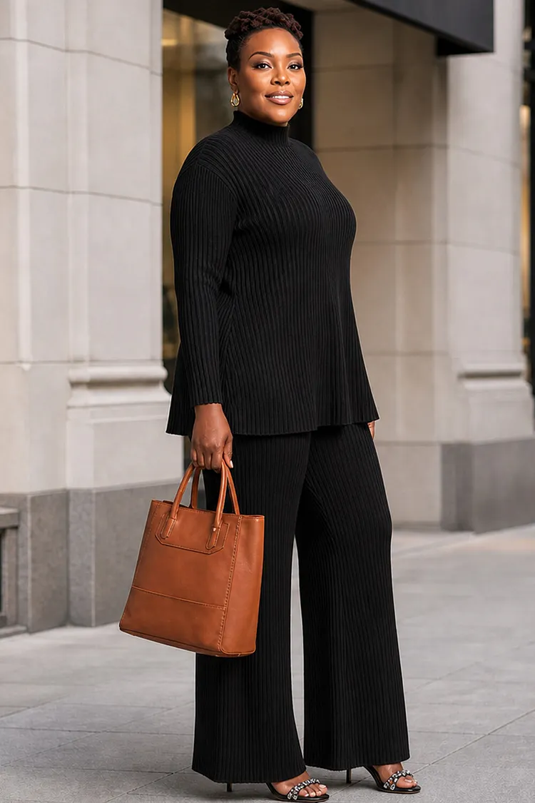 Xpluswear Design Plus Size Business Casual Black Mock Neck Long