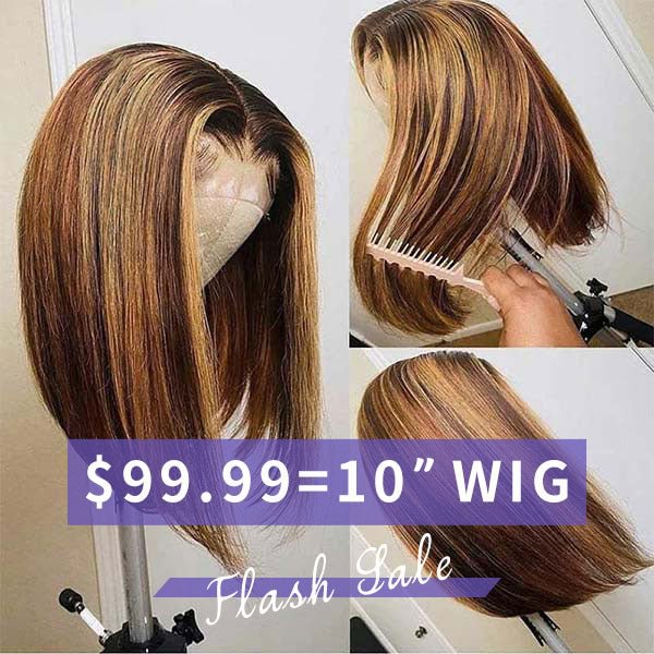 Junoda Highlight Honey Blonde on Brown Hair P4/27   Lace Straight Bob Wig