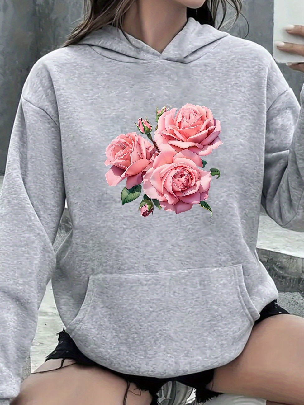 Women's Floral Print Hoodie - Stylish Black Zip-Up Sweatshirt With Vibrant Pink Roses Design, Casual Long Sleeve Top For Casual Attire, Hoodies For | IFYHOME