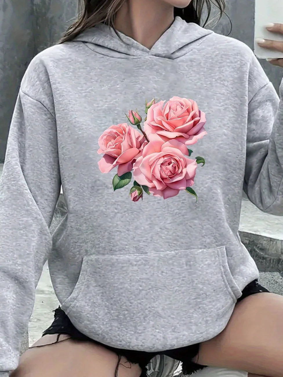 Women's Floral Print Hoodie - Stylish Black Zip-Up Sweatshirt With Vibrant Pink Roses Design, Casual Long Sleeve Top For Casual Attire, Hoodies For | IFYHOME