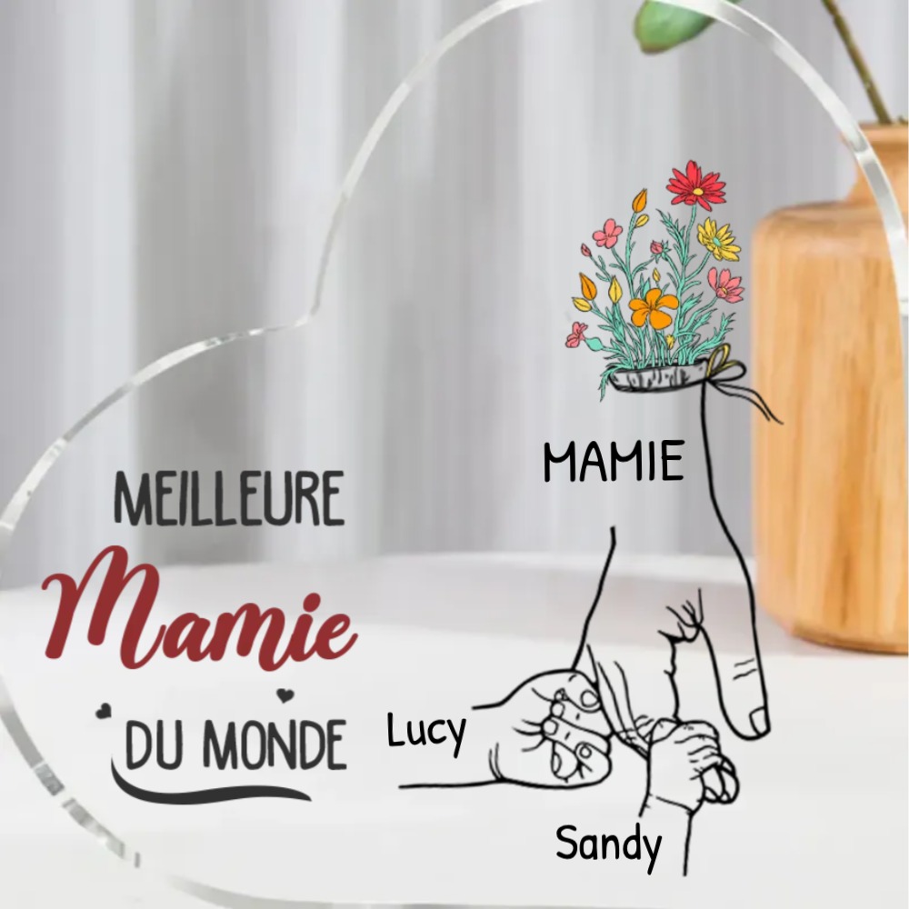 Plaque Acrylique en Forme de Cœur 2-7 Prénoms Personnalisés pour Mamie