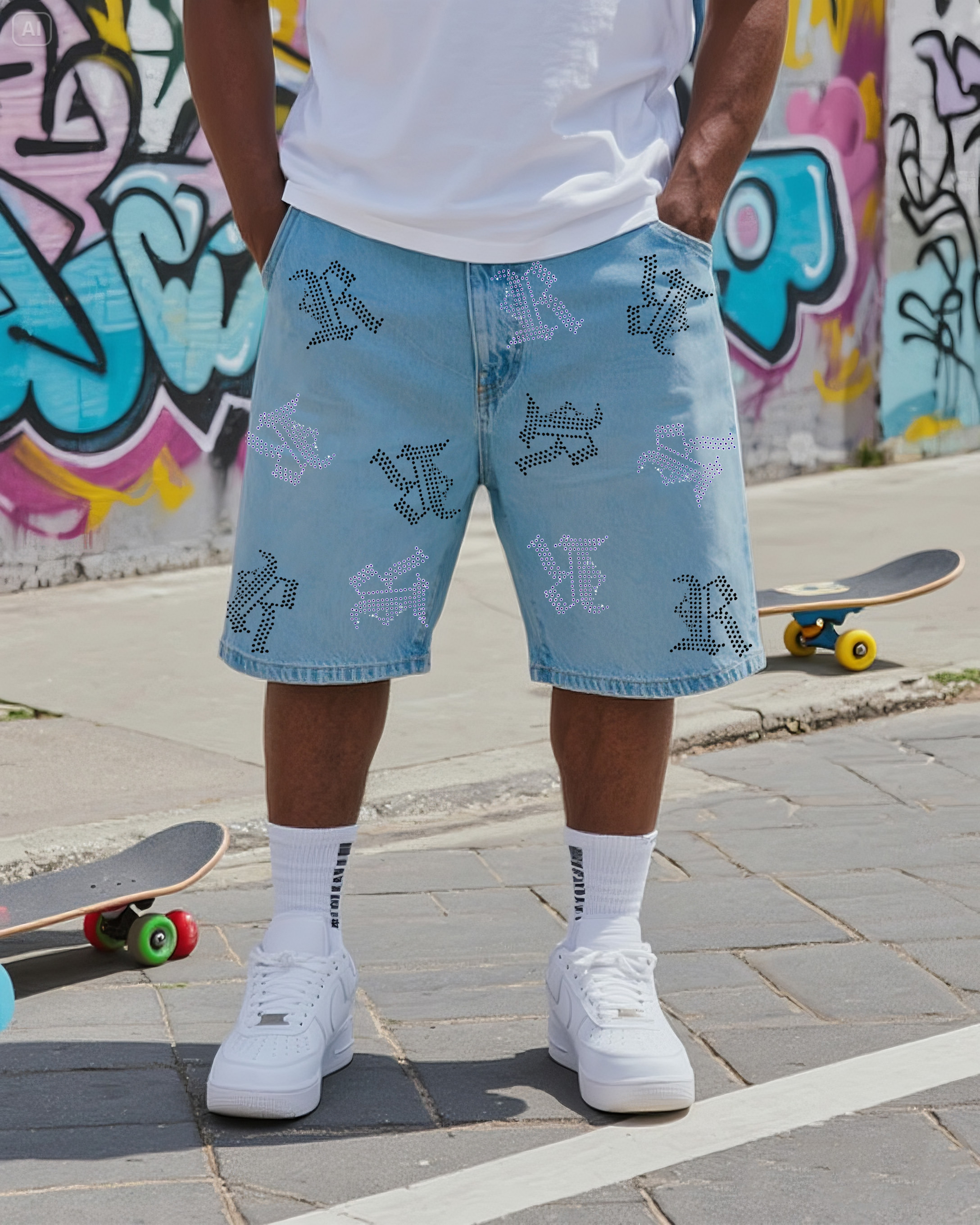 Big & Tall Men's Y2K Fashion Street Rhinestone Letter Stamping Shorts Jeans