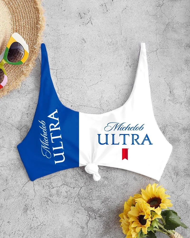 Women's Beach Vacation Contrasting Blue and White Printed Bikini Tops