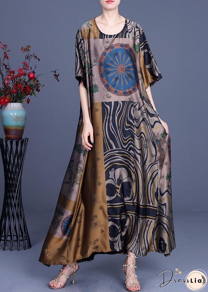 French Yellow Print Silk O-Neck Summer Long Dress