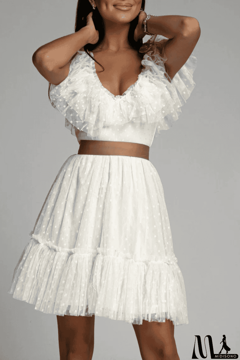 MidiSono - Dot Mesh V Neck Cake Skirt Dresses