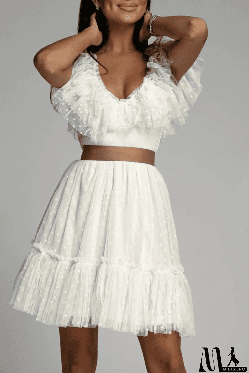 MidiSono - Dot Mesh V Neck Cake Skirt Dresses