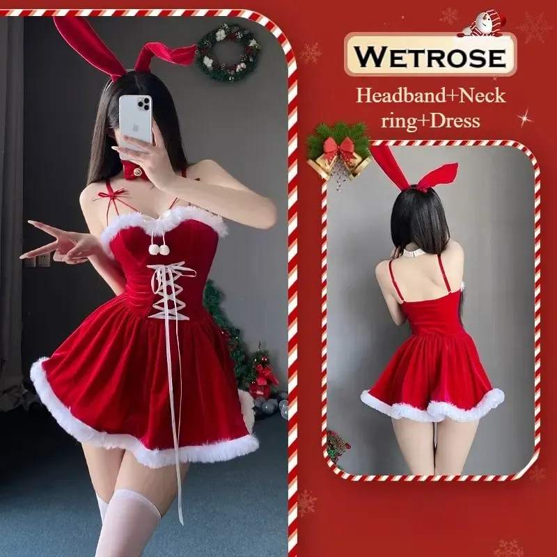 [Wetrose] In Stock Red Velvet Christmas Bunny Dress Fur Trim Santa Outfit Holiday Party Cosplay Costume Xmas 