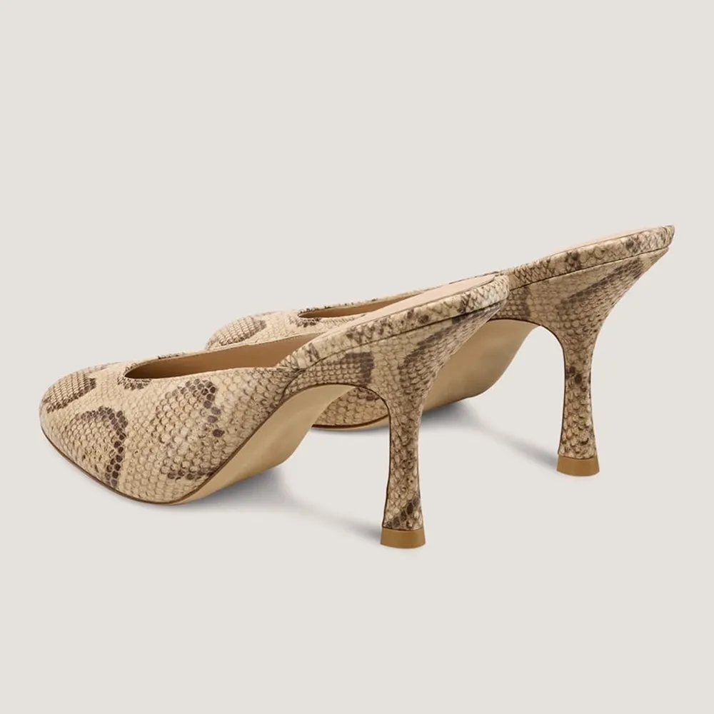 Chic Beige Snake Print Round Toe Stiletto Heel Mules for Women
