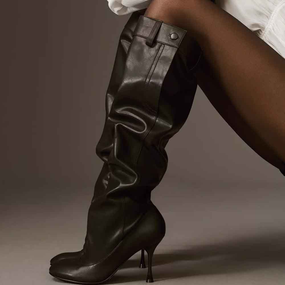 Black Vegan Leather Pointed Toe 3'' Flared Heel Knee High Boots Nicepairs