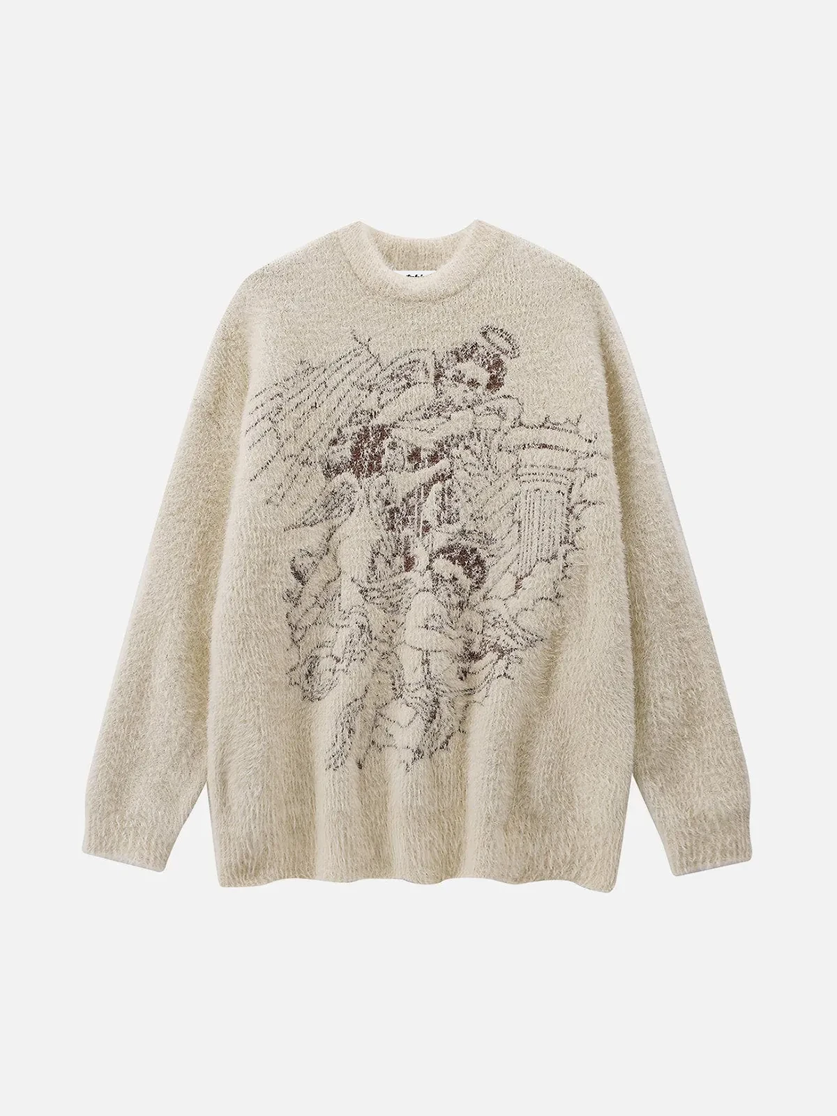 Apricot Retro Angel Graphic Plush Crewneck Sweater Front