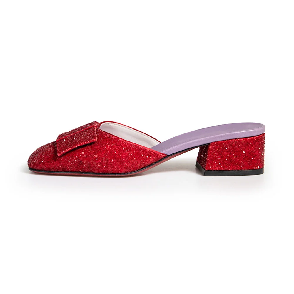 YDN Shiny Red Glitter Square Toe Block Heeled Mules with Bow