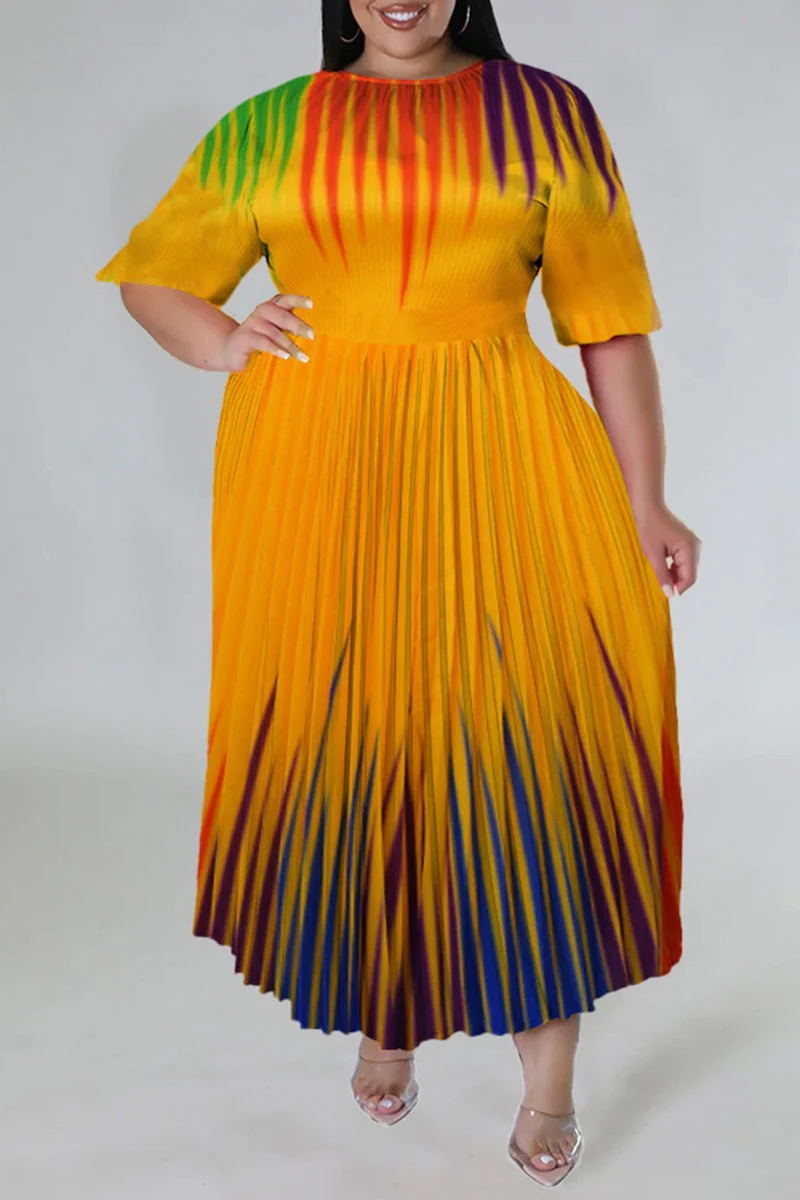 Yellow Casual Print Patchwork Fold O Neck A Line Plus Size Dresses