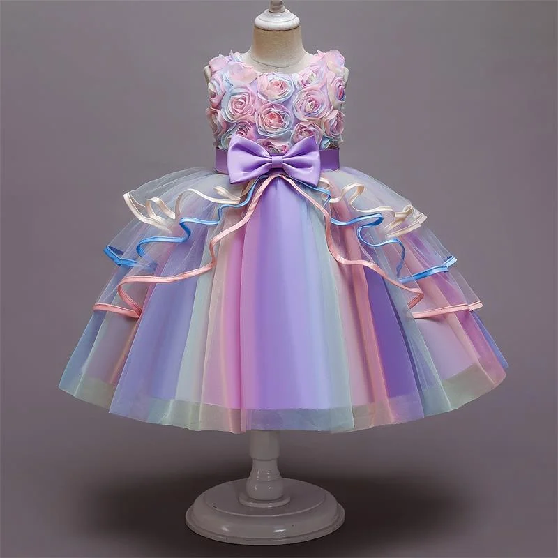 Summer Pretty Girls Dress Birthday Party Princess Dress Lace Kids Ball Gown Elegant Dress Casual Children Dress Size 4-10T