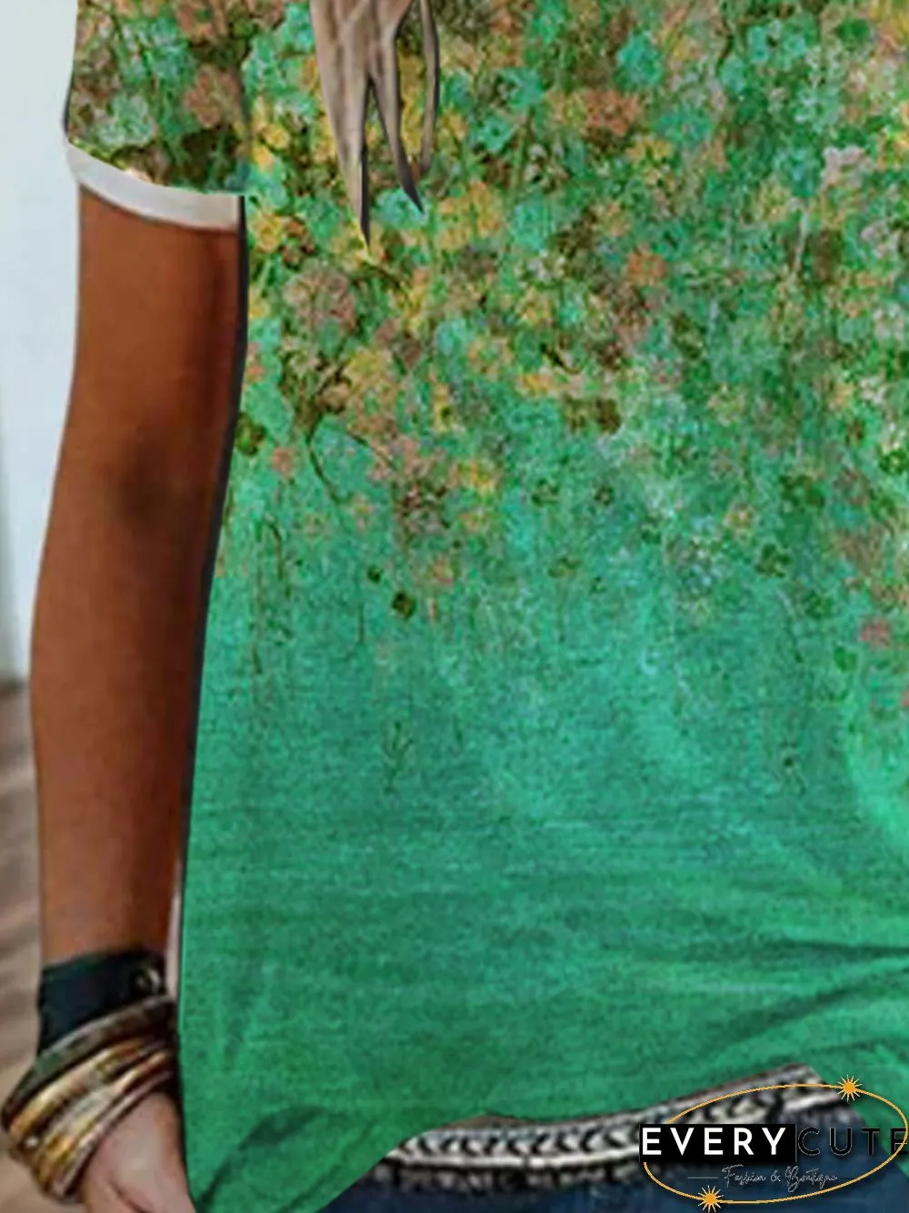 Floral Short Sleeve Printed Cotton-blend Crew Neck Casual Summer Green Top