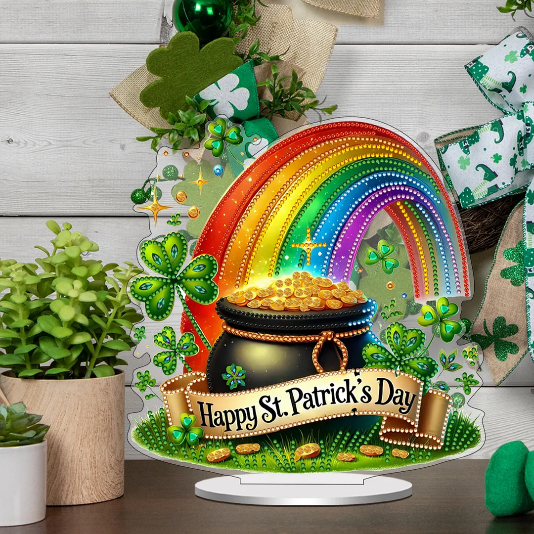 2D Flat DIY Happy St Patricks Day Diamond Painting Tabletop Ornaments Kit Special Shape Crystal Art Craft Decoration Single Side Drill for Living Room Home Office