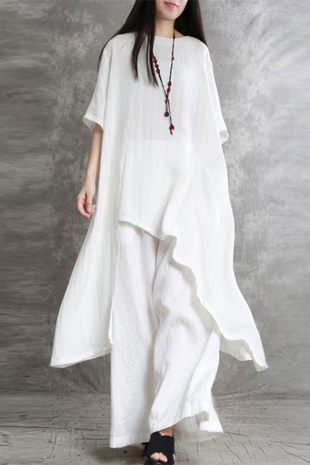 Plus Size Casual White Cotton And Linen Asymmetrical Hem Wide Leg Two Piece Pant Suit 2024 - Flycurvy 