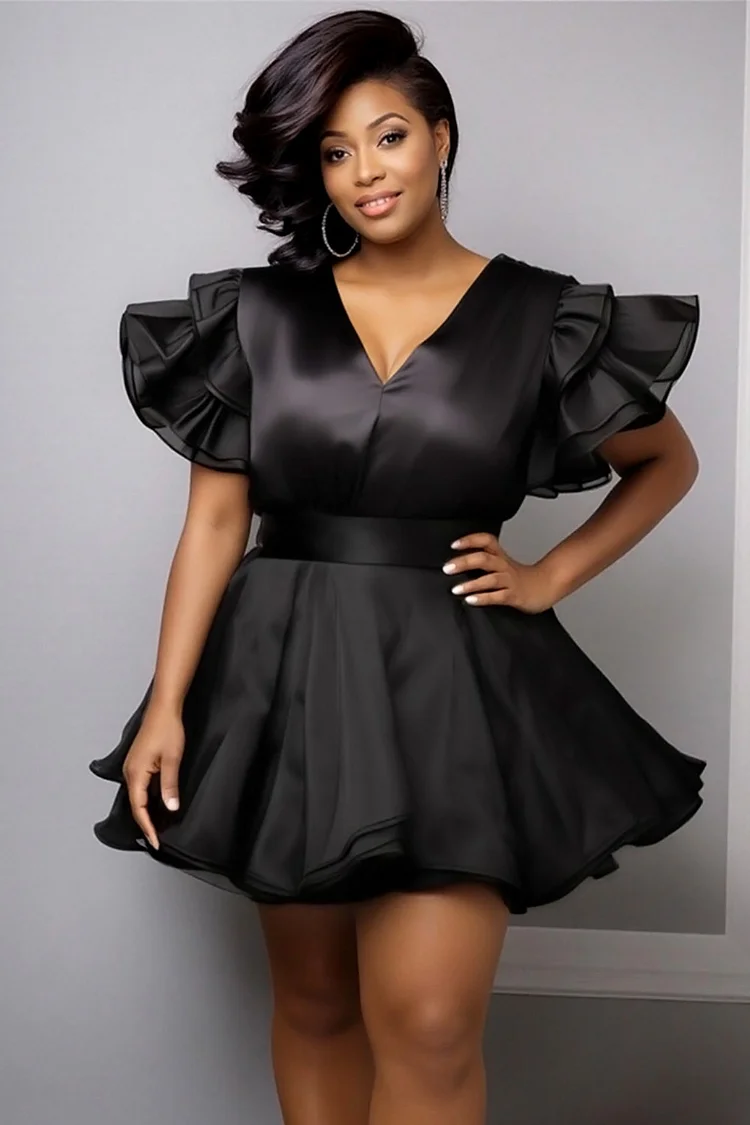 Xpluswear Design Plus Size Wedding Guest Black V Neck Flutter Sleeve Short Sleeve Tiered Elegant Satin Midi Dresses [Pre-Order] 2024 - Xpluswear