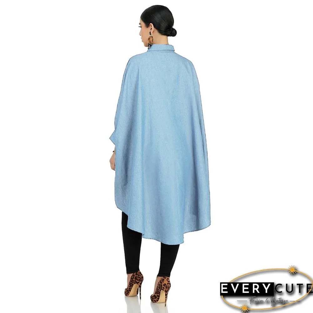 Light Blue Button Down Long Style Loose Top