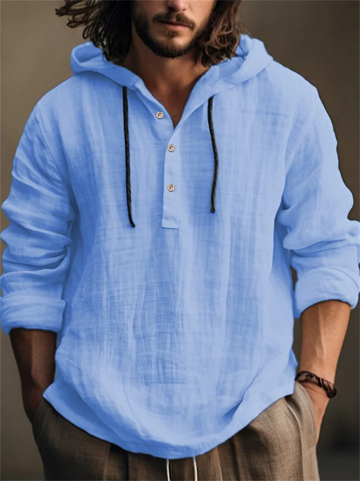 New Solid Color Cotton Linen Shirt Hooded Sweater Long-sleeved Autumn Casual Daily Wear Pop Men's Clothing