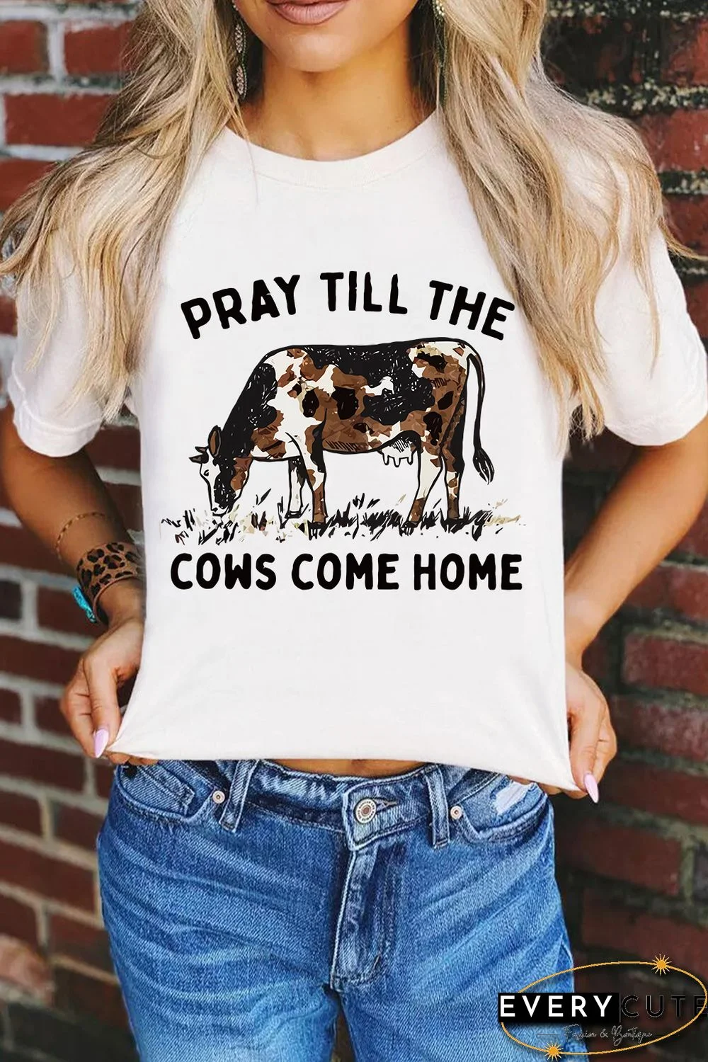 White Pray Till The Cows Come Home Graphic T Shirt