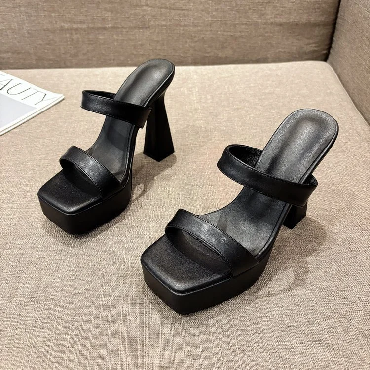 Yyvonne Heel Slippers Women 2025 Summer New Word High Heels Square Head Thick Bottom Cold Slippers