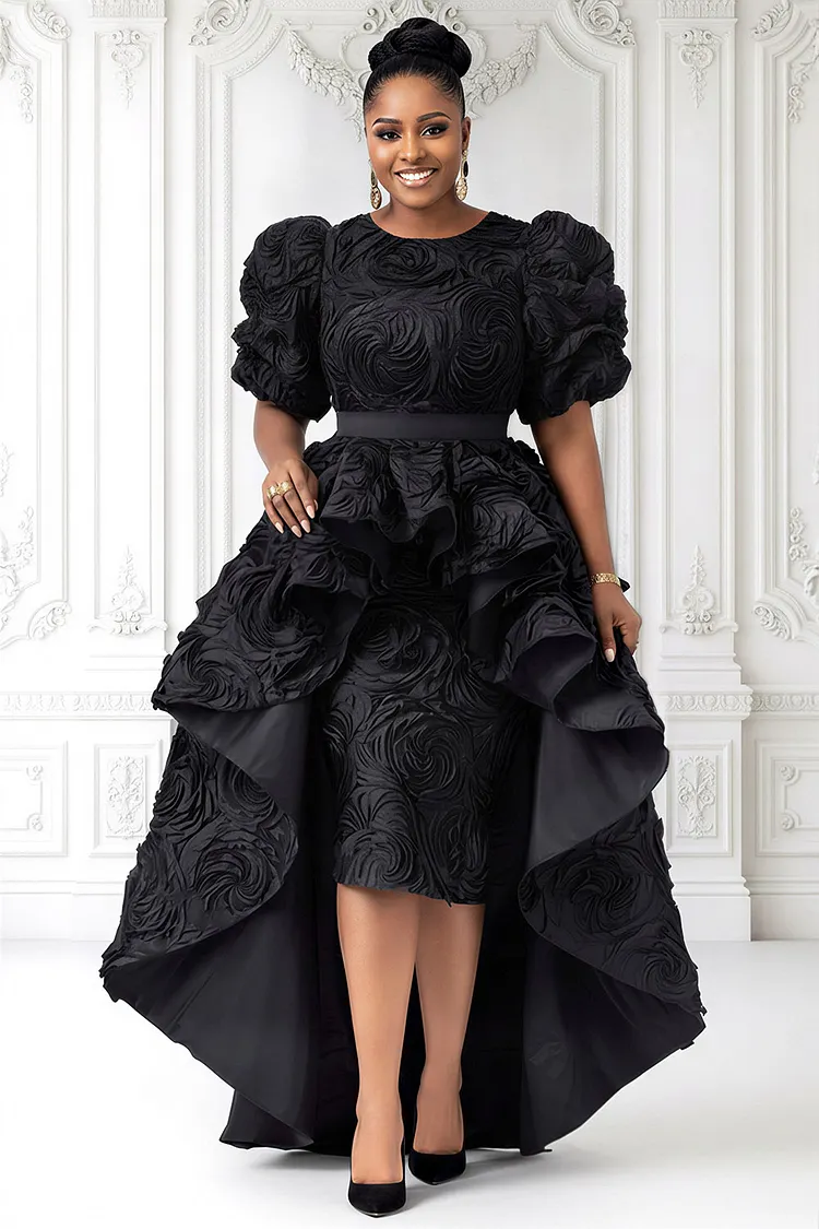Xpluswear Design Plus Size Jacquard Formal Black Round Neck Puff Sleeve Short Sleeve With&nbsp;Skirt&nbsp;Overlay Midi Dresses [Pre-Order] 2024 - Xpluswear