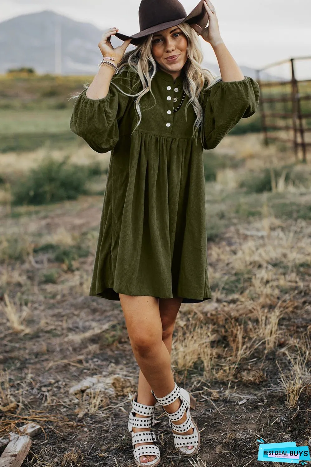 Vineyard Green Corduroy Snap Buttons Empire Waist Bracelet Sleeve Dress