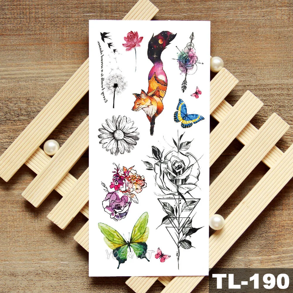 Sdrawing Owl Compass Waterproof Temporary Tattoo Sticker Flower Wolf Mountain Flash Tattoos Body Art Fake Arm tatoo Women