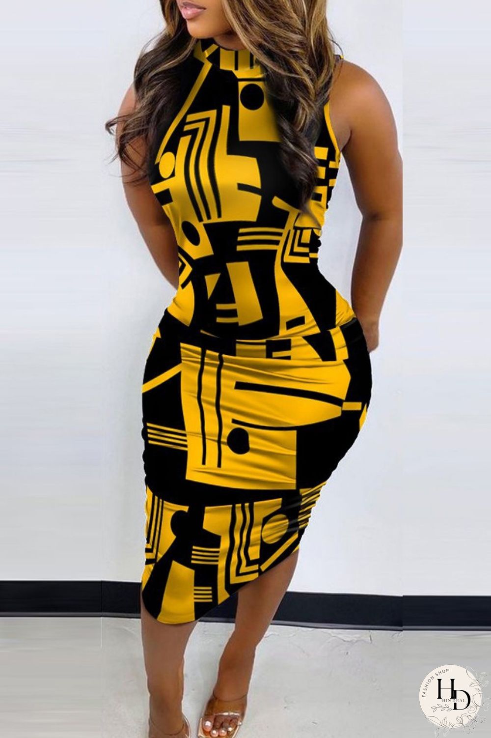 Yellow Casual Print Solid Basic O Neck Denim Dress Dresses