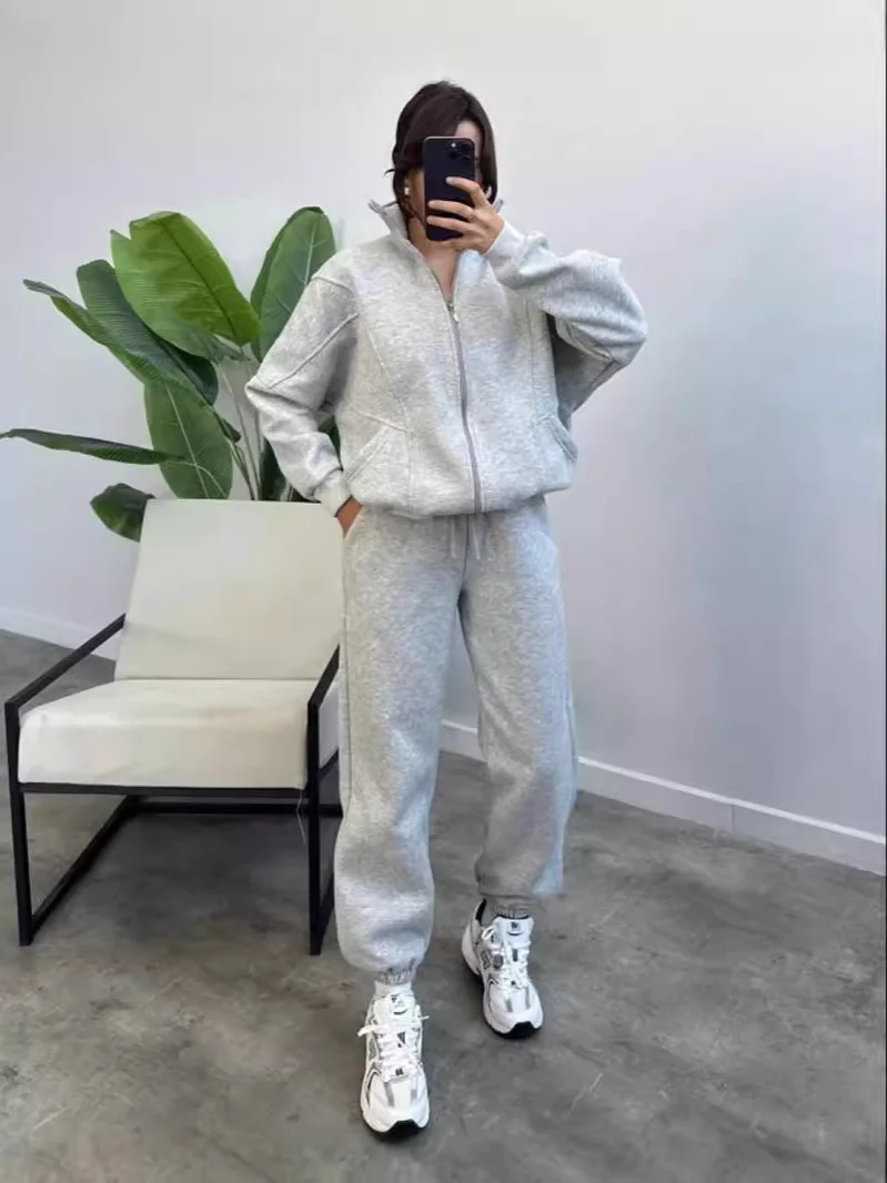 Nigikala Nigikala Women's Plus Velvet Set Fashion Simple Long-Sleeved Sweater Pure Color Sports Suit Women