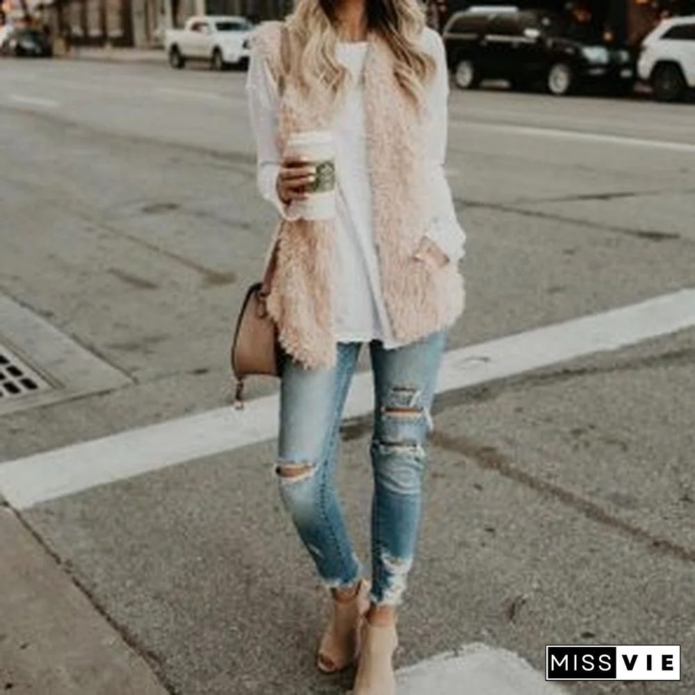 Fluffy Knitted Faux Wool Fur Sherpa Vest Womens