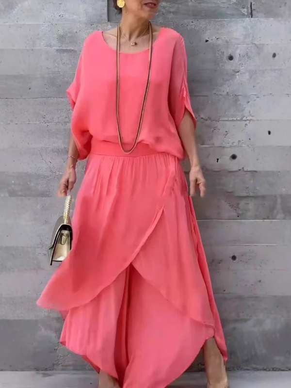 Chic & Comfy Chiffon Loose Top+Slit Wide-Leg Pants 2-Piece Sets