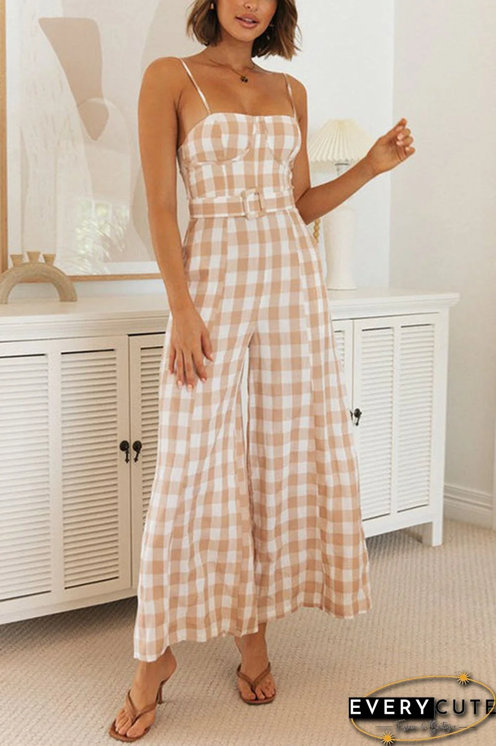 Plaid Wide Leg Slip Jumpsuits