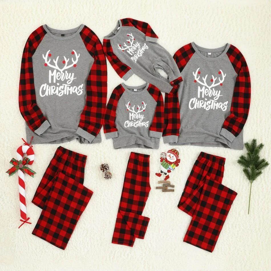 Merry Christmas Antler Letter Print Plaid Design Family Matching Pajamas Sets