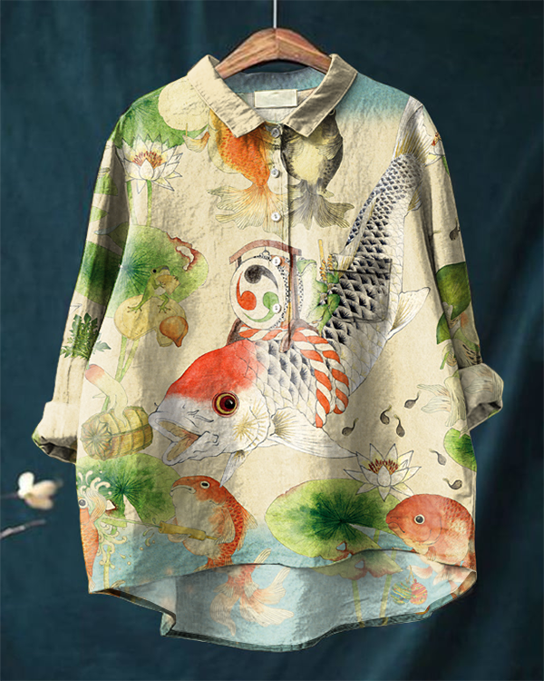 Japanese Whale Art Casual Cotton and Linen Shirt