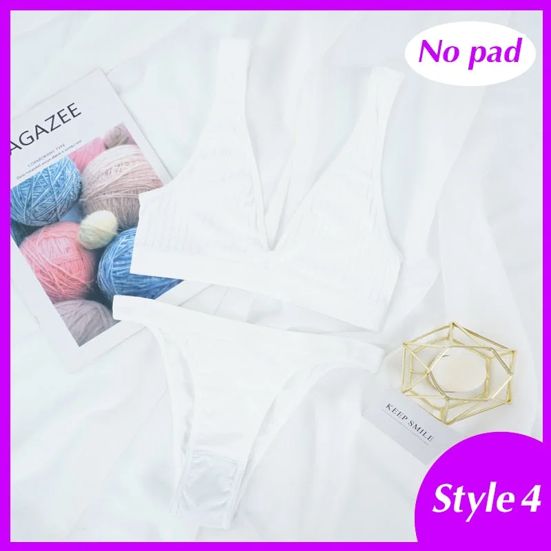 Women Seamless Bra Set Sexy Thong Low Waist Panties Wire Free Bra Push Up Bralette Lingerie Deep V Backless Underwear Set