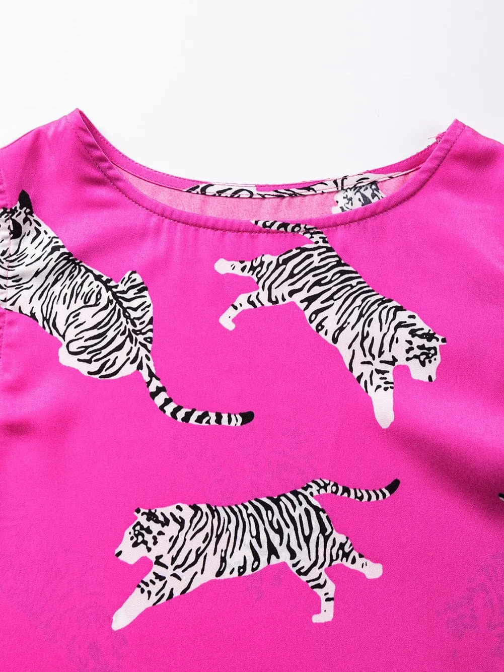 Rose Tiger Print Flutter Sleeve Round Neck Blouse