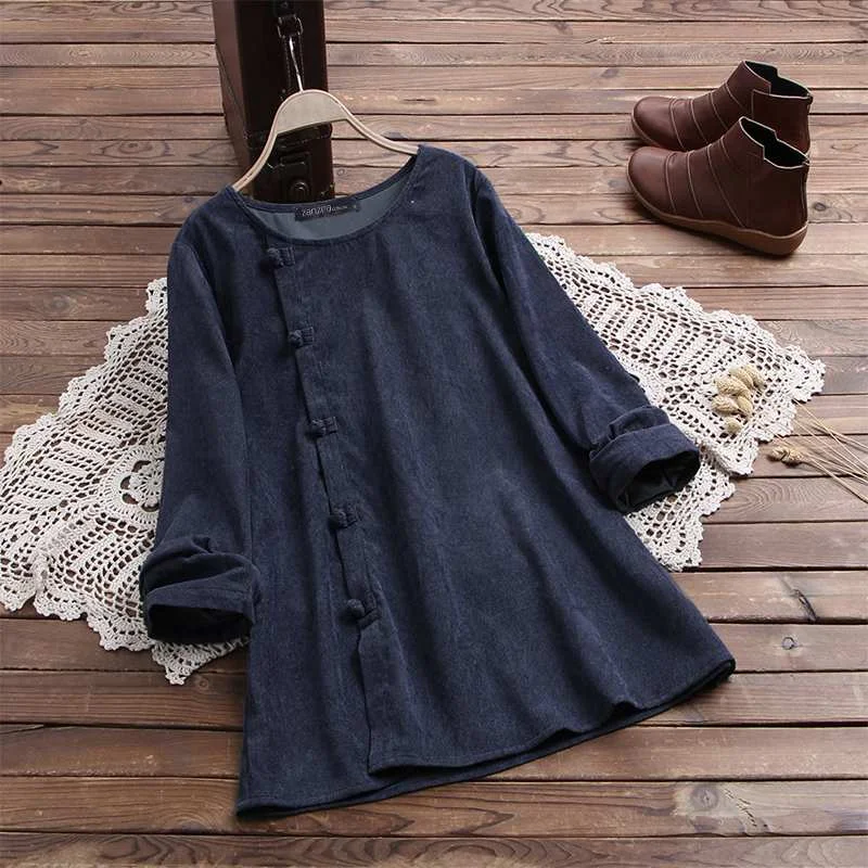 ZANZEA Vintage Corduroy Blouse 2022 Spring Long Sleeve Women Tunic Tops Loose Blusas Solid Blouses Femme Buttons Shirt