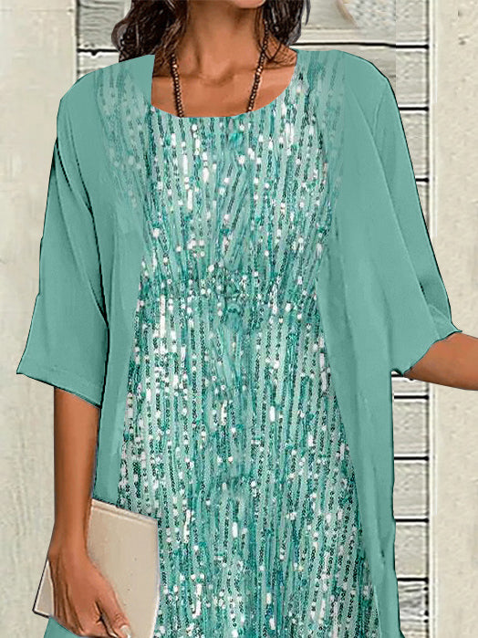 Women's Half Sleeve Scoop Neck Graphic Printed Two Pieces Midi Dress