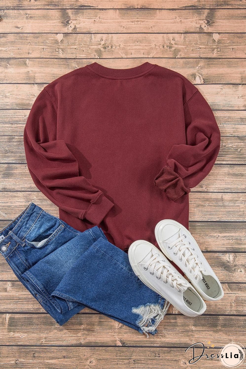 Burgundy Plain Drop Shoulder Crewneck Pullover Sweatshirt